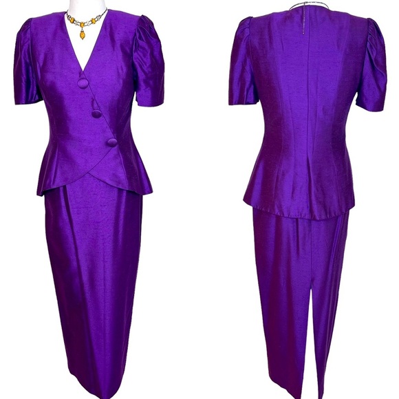 1960s Bianchi Two Piece Formal Dupioni Silk Power Suit Maxi Skirt Blouse Small - Picture 1 of 16